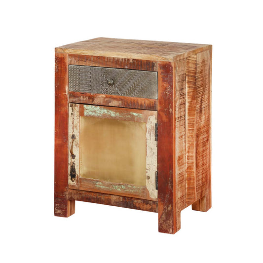 Mango Wood Izola One Door and One Drawer Selves Bedside Storage Table for Bedroom | Mahogany Finish
