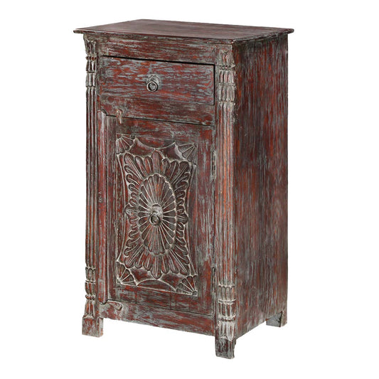 Mango Wood Wobxo One Door and One Drewer Selves Bedside Storage Table for Bedroom | Mohogany Finish