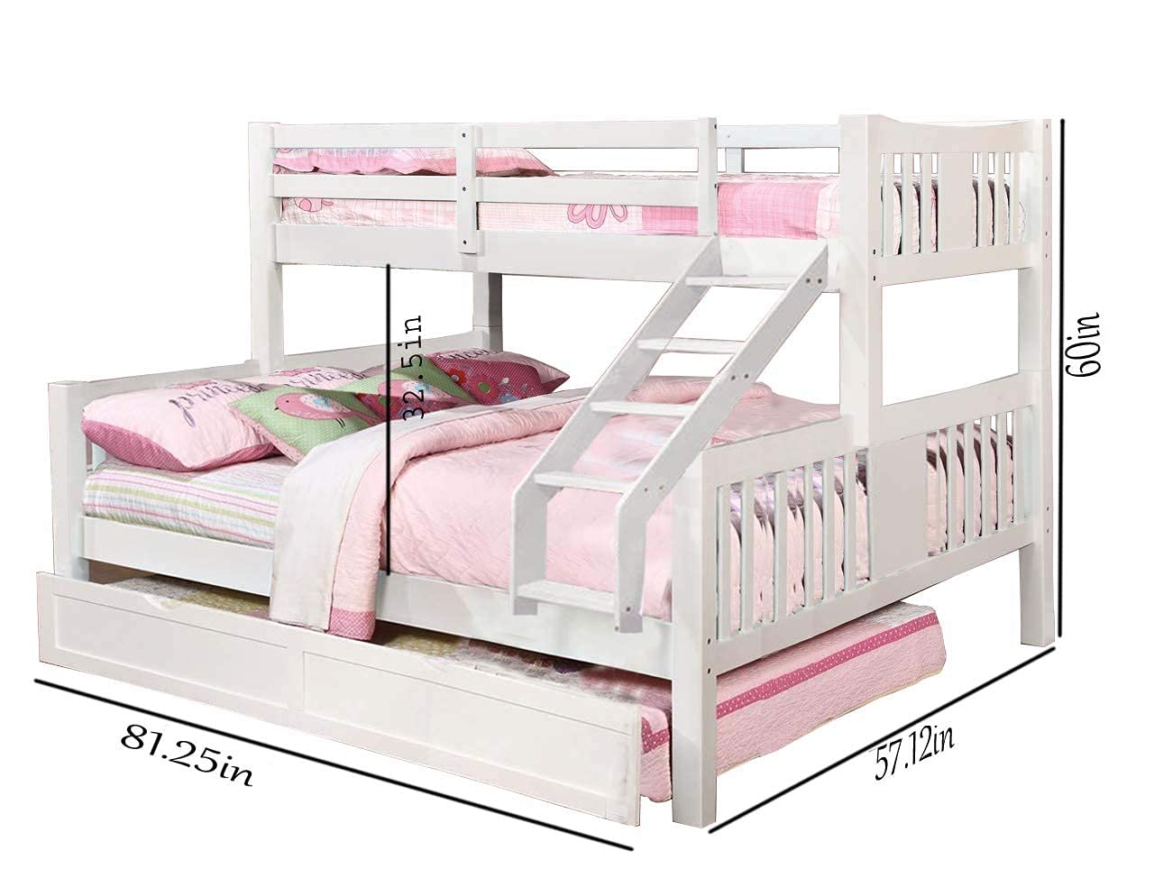 White bunk bed with pink bedding and dimensions on a white background