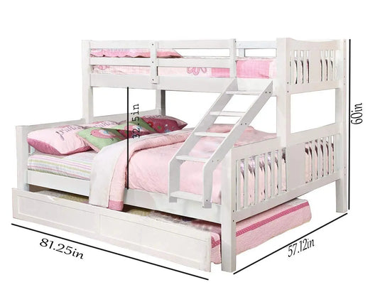 Translation missing: en.White bunk bed with pink bedding and dimensions on a white background