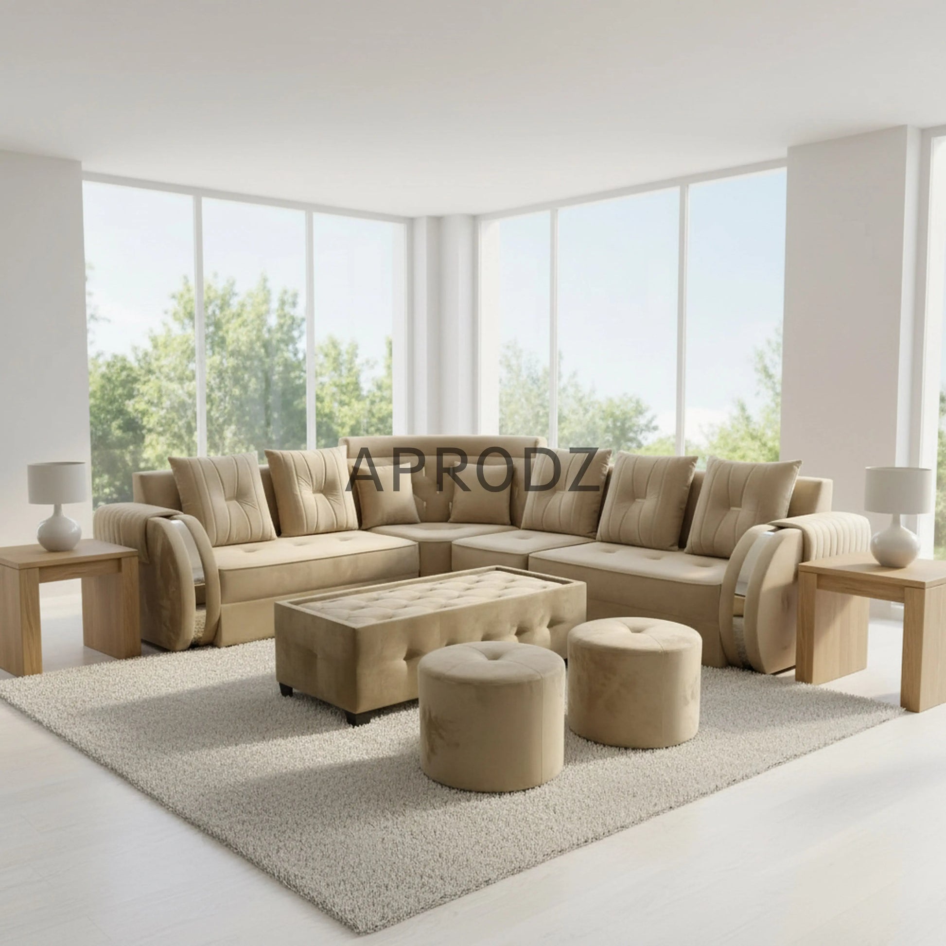 L-Shaped Sectional 6-Seater Sofa with Coffee Table & 2 Ottoman Stools Padded Armrest Perfect Fabric Corner Sofa for Guests Living Room, Drawing Room, Office & Lounge (Beige) 