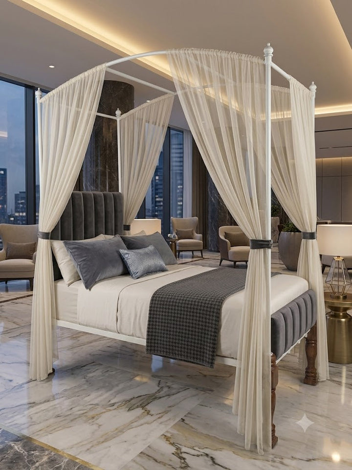 Translation missing: en.Iron Canopy Daybed with Turned Wood Legs - Antique White &amp; Natural Wood 