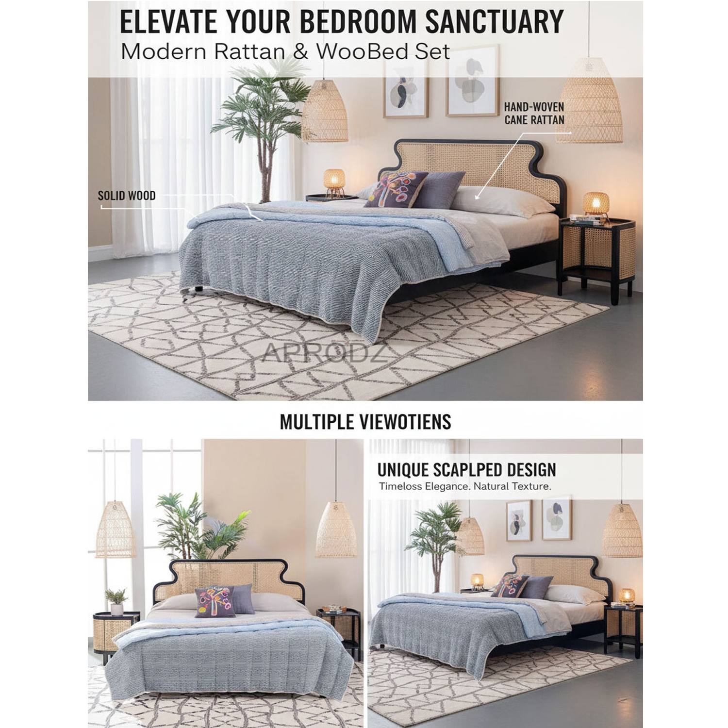 Rattan Cane Headboard Bed – King & Queen Size, cane bed