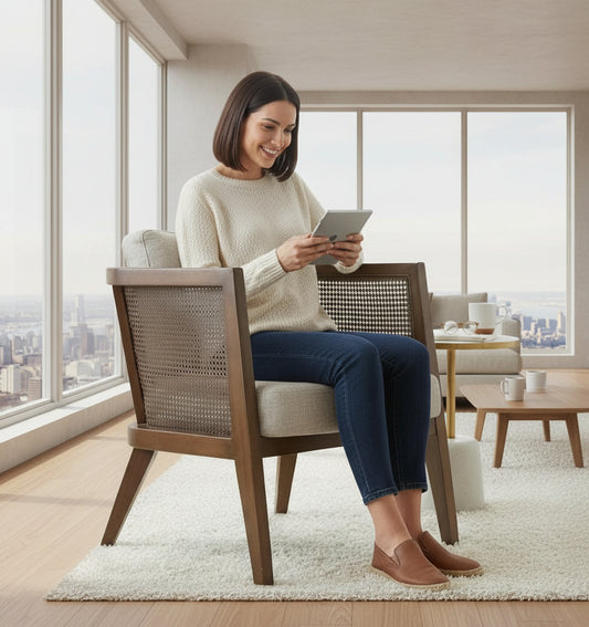 Woman sitting on a chair with 'Aprodz' branding, using a tablet in a bright room.