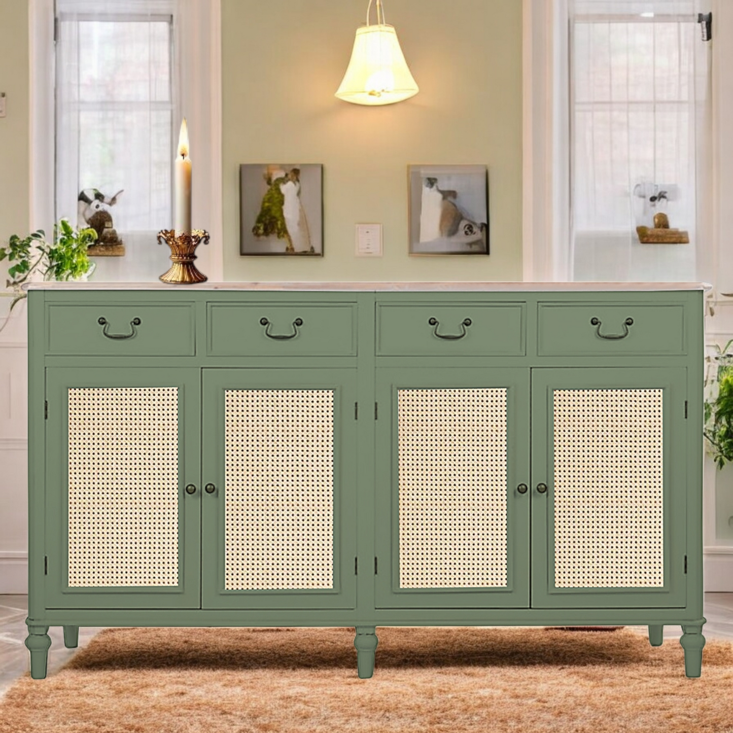 Cabinet with Cane | Front 4 Drawers 2 Shelves | Mango Wood Storage Organizer Rustic Durable Stylish Wooden Furniture Compact Design Home Decor