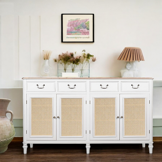 Cabinet with Cane | Front 4 Drawers 2 Shelves | Mango Wood Storage Organizer Rustic Durable Stylish Wooden Furniture Compact Design Home Decor