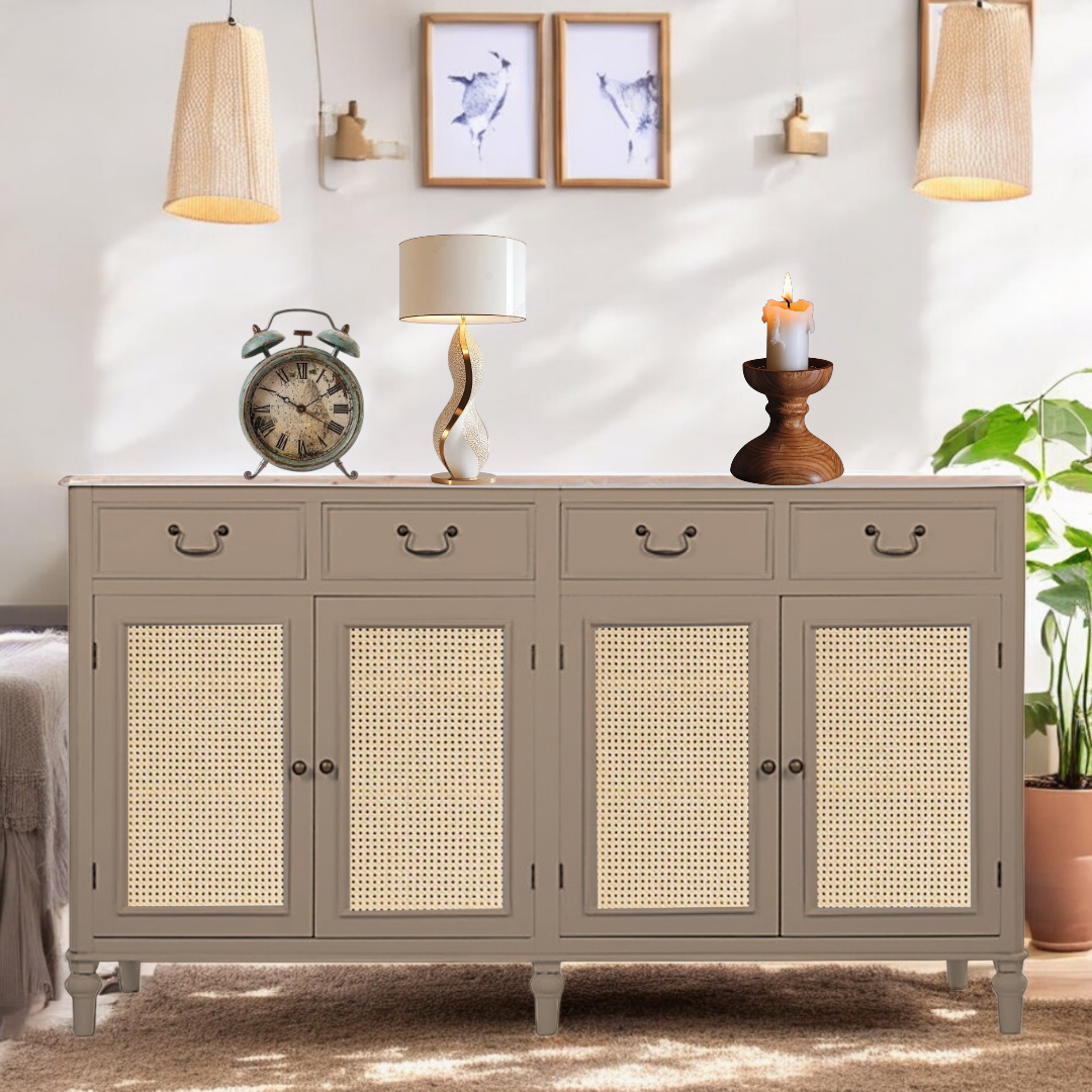 Cabinet with Cane | Front 4 Drawers 2 Shelves | Mango Wood Storage Organizer Rustic Durable Stylish Wooden Furniture Compact Design Home Decor