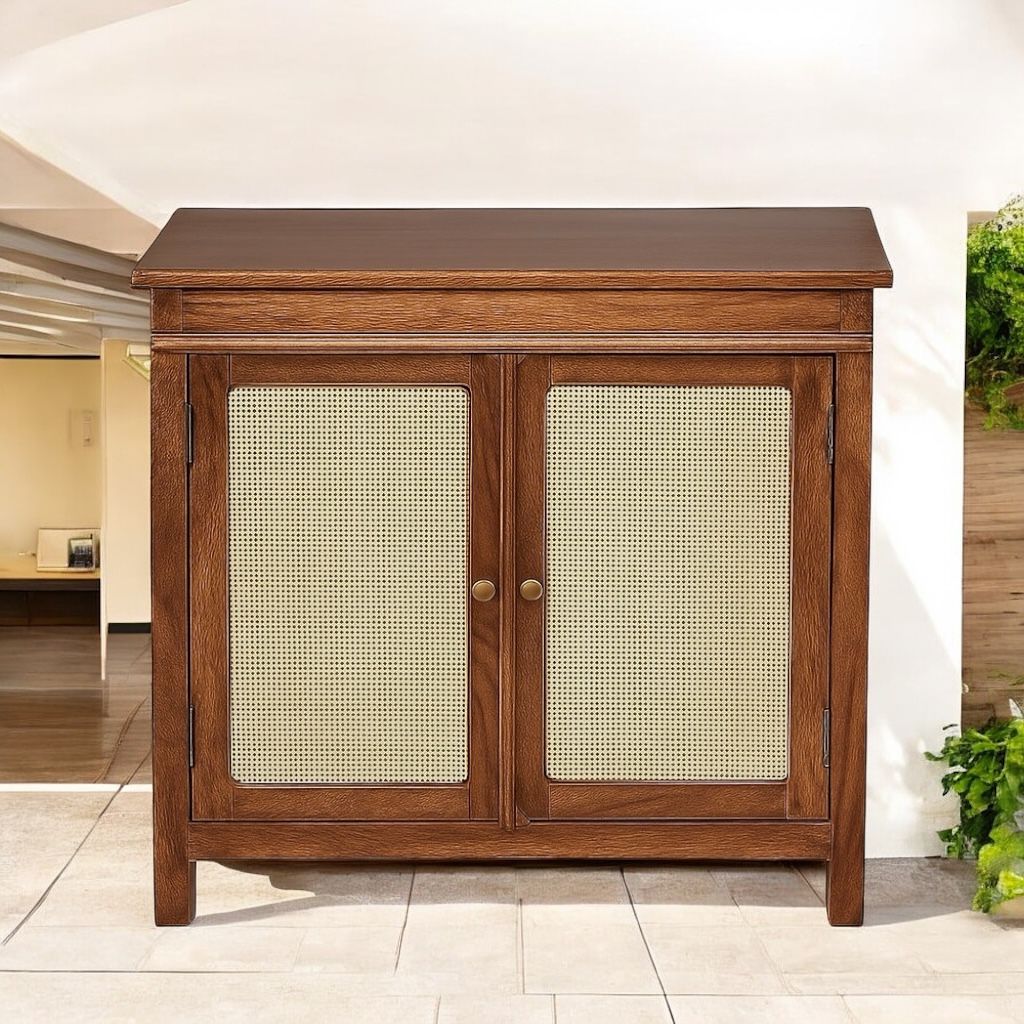 2 Door Cabinet with Wicker Front 2 Shelves | Mango Wood Storage Organizer | Rustic Durable Stylish Wooden Furniture | Compact Design Home Decor