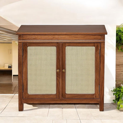 2 Door Cabinet with Wicker Front 2 Shelves | Mango Wood Storage Organizer | Rustic Durable Stylish Wooden Furniture | Compact Design Home Decor