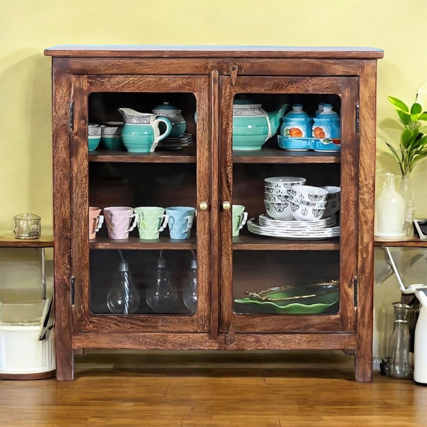 2 Door Cabinet with Wicker Front 2 Shelves | Mango Wood Storage Organizer | Rustic Durable Stylish Wooden Furniture | Compact Design Home Decor