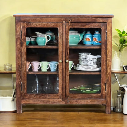 2 Door Cabinet with Wicker Front 2 Shelves | Mango Wood Storage Organizer | Rustic Durable Stylish Wooden Furniture | Compact Design Home Decor