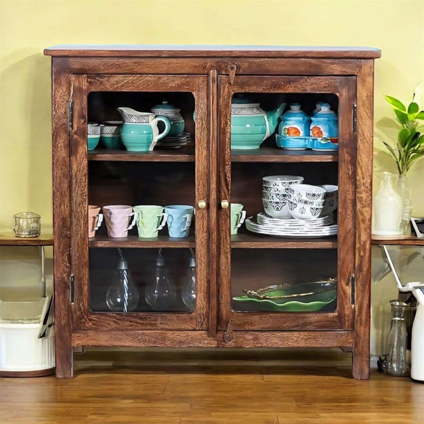 2 Door Cabinet with Wicker Front 2 Shelves | Mango Wood Storage Organizer | Rustic Durable Stylish Wooden Furniture | Compact Design Home Decor 