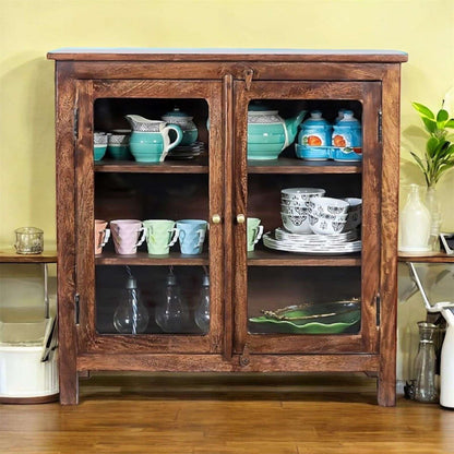 2 Door Cabinet with Wicker Front 2 Shelves | Mango Wood Storage Organizer | Rustic Durable Stylish Wooden Furniture | Compact Design Home Decor 