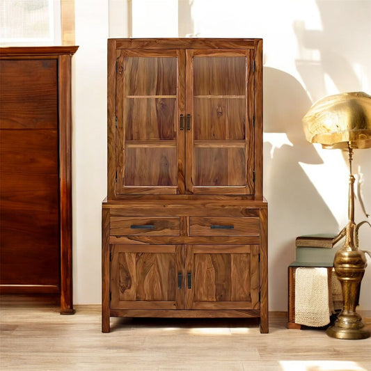 Glass Door Cabinet | 2 Drawers 3 Shelves Sheesham Wood Storage Organizer | Durable Stylish Wooden Furniture | Elegant Design Home Decor Compact Multifunctional