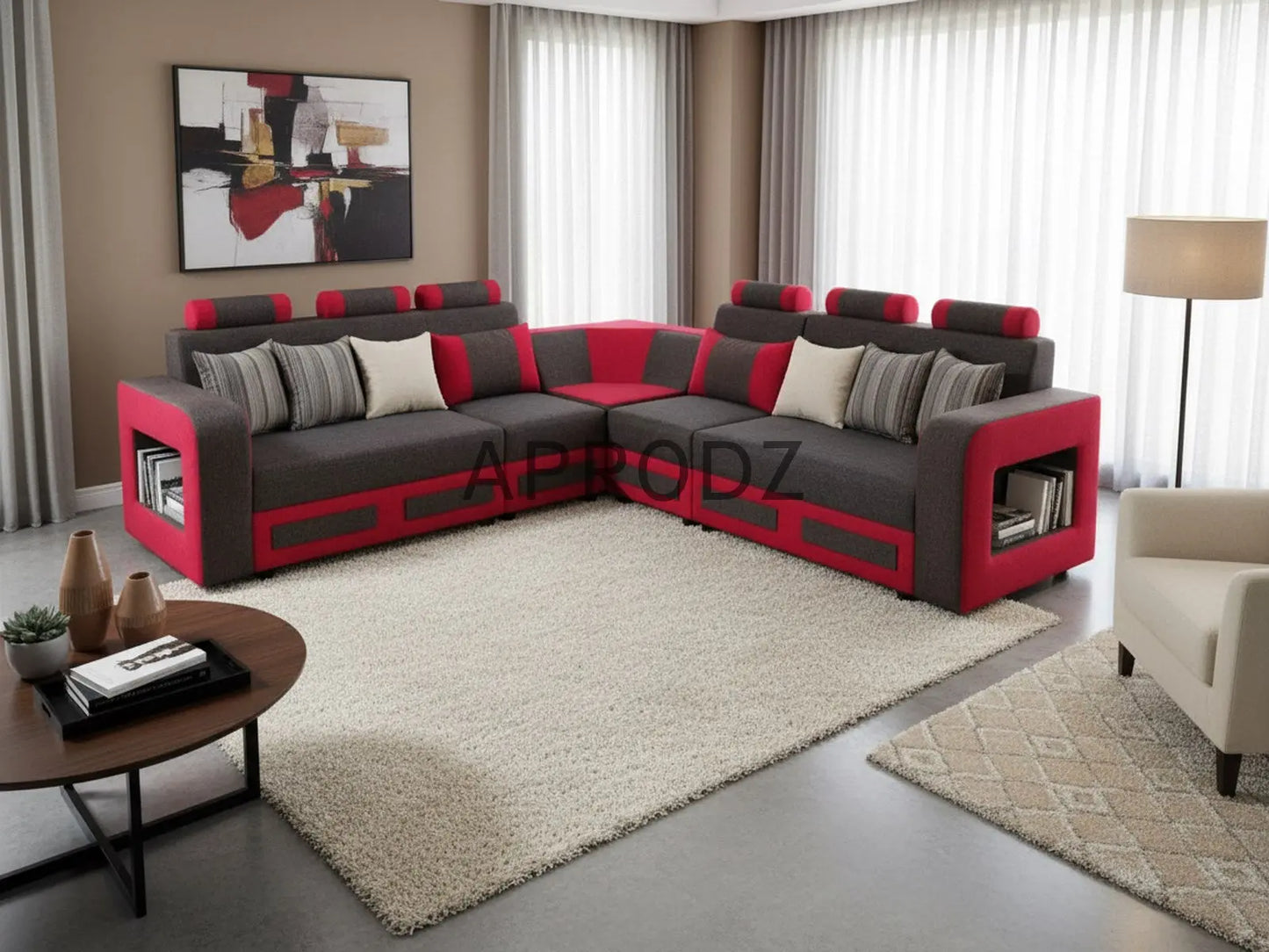 L-Shaped Sectional 6-Seater Sofa with Padded Armrest, Perfect Fabric Corner Sofa for Guests Living Room, Drawing Room, Office & Lounge (Grey/Red) 