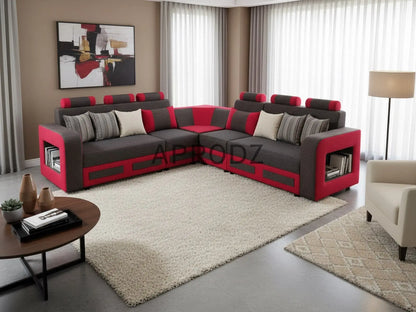 L-Shaped Sectional 6-Seater Sofa with Padded Armrest, Perfect Fabric Corner Sofa for Guests Living Room, Drawing Room, Office & Lounge (Grey/Red) 