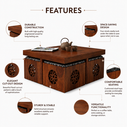 Translation missing: en.Solid Sheesham Wood Coffee Table with 4 Stools 