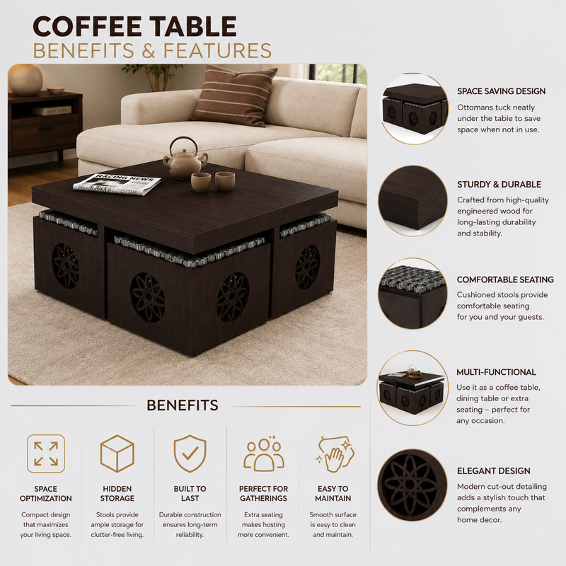 Solid Sheesham Wood Coffee Table with 4 Stools 
