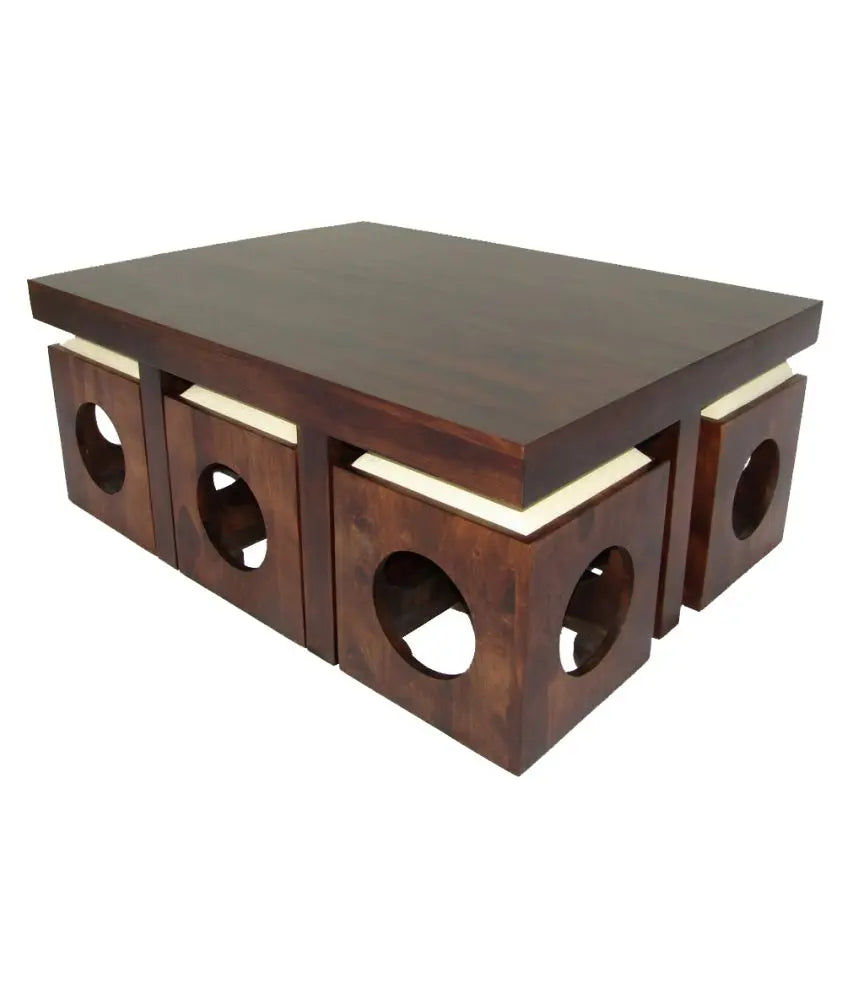 Sheesham Wood Center Coffee Table with 6 Stools for Living Room | Walnut Finish, White Cushion 