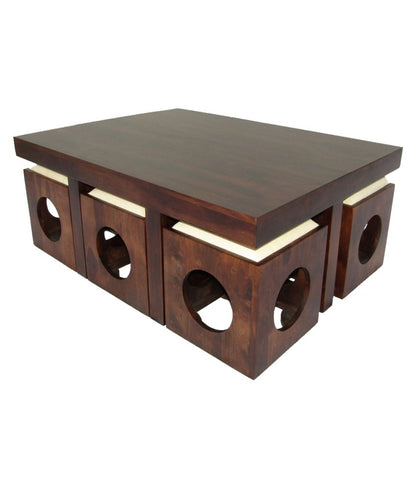 Sheesham Wood Center Coffee Table with 6 Stools for Living Room | Walnut Finish, White Cushion