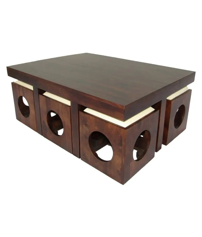 Sheesham Wood Center Coffee Table with 6 Stools for Living Room | Walnut Finish, White Cushion 