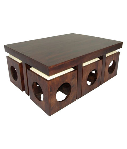 Sheesham Wood Center Coffee Table with 6 Stools for Living Room | Walnut Finish, White Cushion