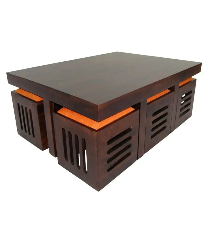 Translation missing: en.Sheesham Wood Center Coffee Table with 6 Stools for Living Room | Walnut Finish Orange Cushion 