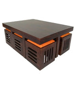 Sheesham Wood Center Coffee Table with 6 Stools for Living Room | Walnut Finish Orange Cushion 