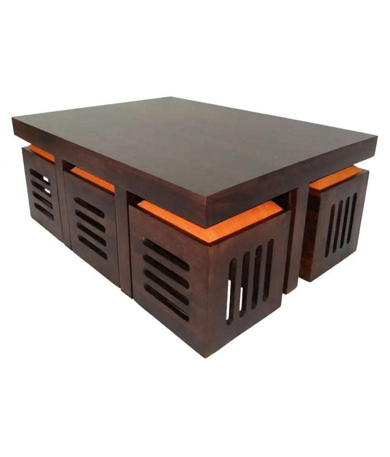 Sheesham Wood Center Coffee Table with 6 Stools for Living Room | Walnut Finish Orange Cushion 