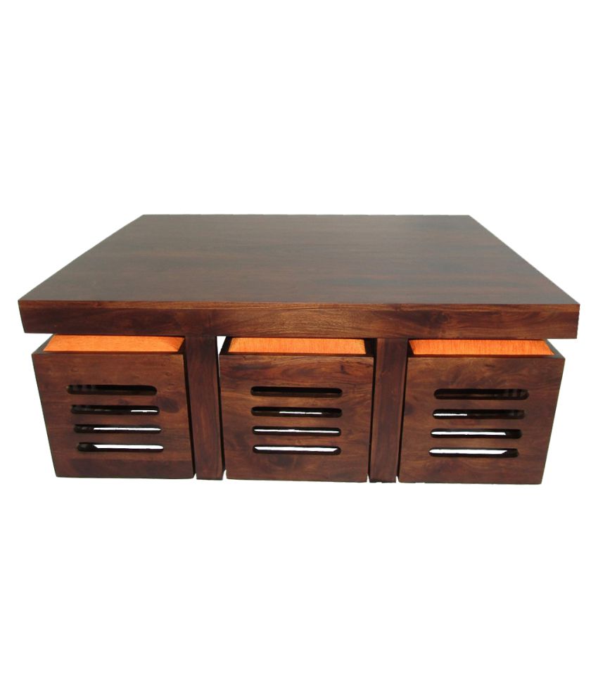 Sheesham Wood Center Coffee Table with 6 Stools for Living Room | Walnut Finish Orange Cushion