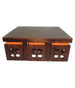 Solid Wood 6 Seater Coffee Table Stool Set for Home | Dark-Walnut 