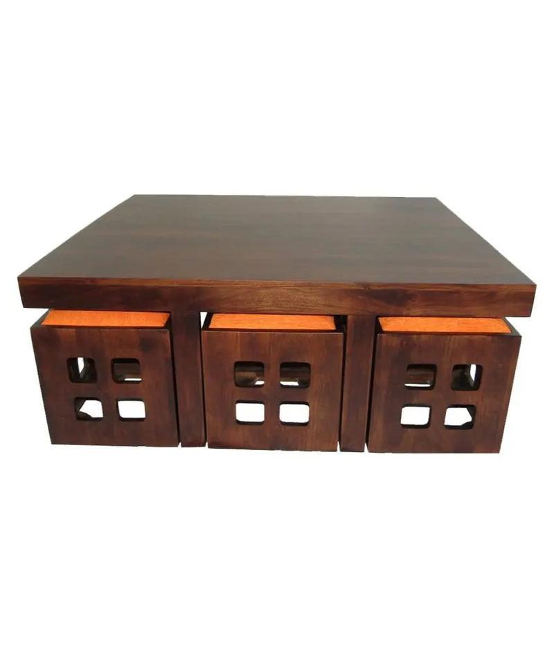 Solid Wood 6 Seater Coffee Table Stool Set for Home | Dark-Walnut 