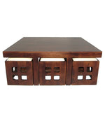 Solid Wood 6 Seater Coffee Table Stool Set for Home | Dark-Walnut 