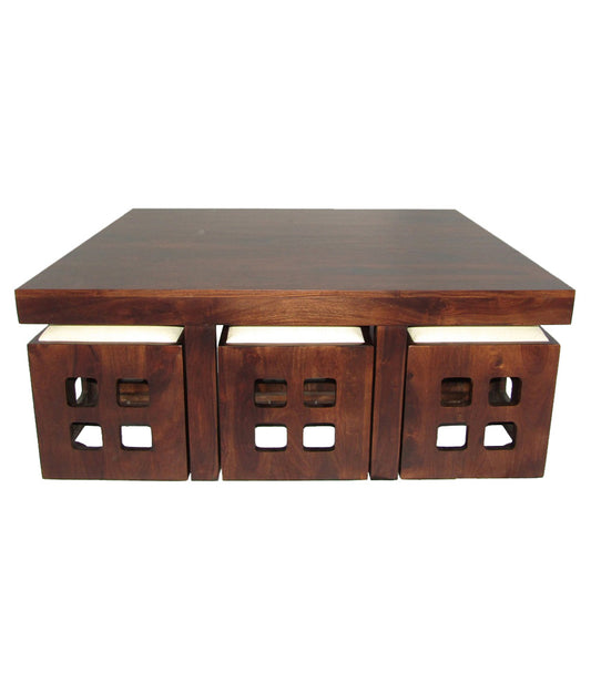 Solid Wood 6 Seater Coffee Table Stool Set for Home | Dark-Walnut
