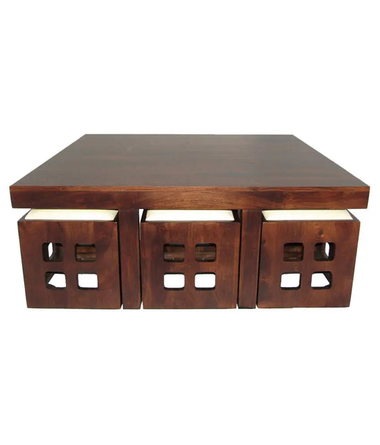 Translation missing: en.Solid Wood 6 Seater Coffee Table Stool Set for Home | Dark-Walnut 