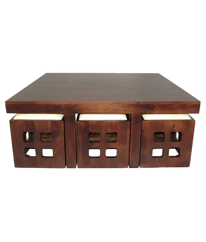 Translation missing: en.Solid Wood 6 Seater Coffee Table Stool Set for Home | Dark-Walnut 