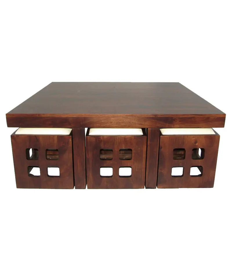 Solid Wood 6 Seater Coffee Table Stool Set for Home | Dark-Walnut 