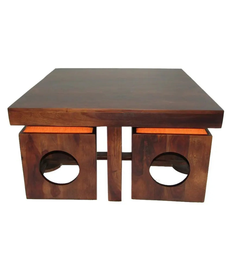 Solid Wood 4 Seater Coffee Table Stool Set for Home | Dark-Walnut 