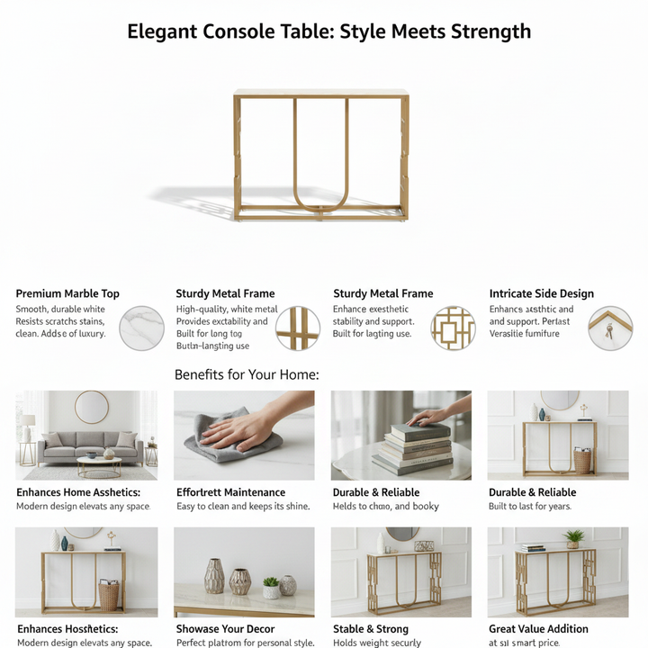 Translation missing: en.Narrow Console Table with Light Brown Ceramic Marble Top &amp; Gold Metal Frame, Modern Entryway Accent Table for Hallway, Foyer, Living Room and Behind Sofa 