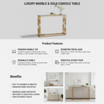 Modern Console Table with Grey Ceramic Marble Top & Gold Geometric Metal Frame, Narrow Entryway Sofa Table for Hallway, Foyer and Living Room 
