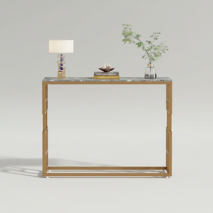 Translation missing: en.Modern Console Table with Grey Ceramic Marble Top &amp; Gold Geometric Metal Frame, Narrow Entryway Sofa Table for Hallway, Foyer and Living Room 
