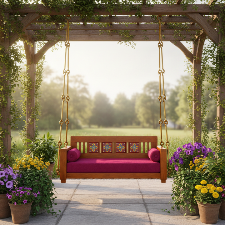 Translation missing: en.Wooden Jhula Swing with Hand-Painted Floral Tiles &amp; Magenta Cushion 