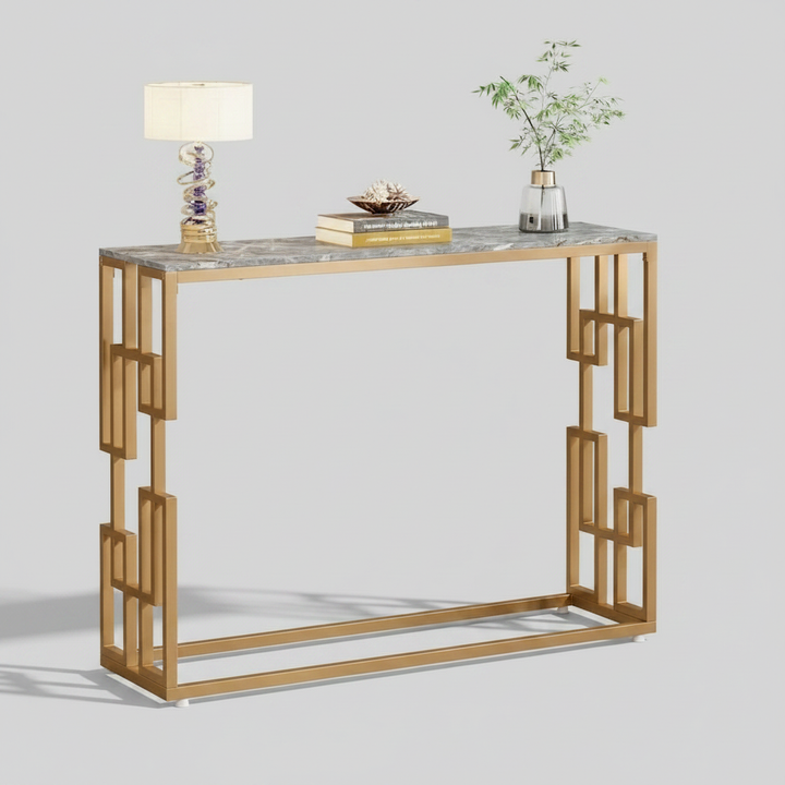Translation missing: en.Modern Console Table with Grey Ceramic Marble Top &amp; Gold Geometric Metal Frame, Narrow Entryway Sofa Table for Hallway, Foyer and Living Room 