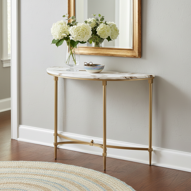 Luxury Console Table with Ceramic Marble Top & Gold Metal Legs, Narrow Entryway Display Table for Hallway, Foyer, Living Room and Behind Sofa 