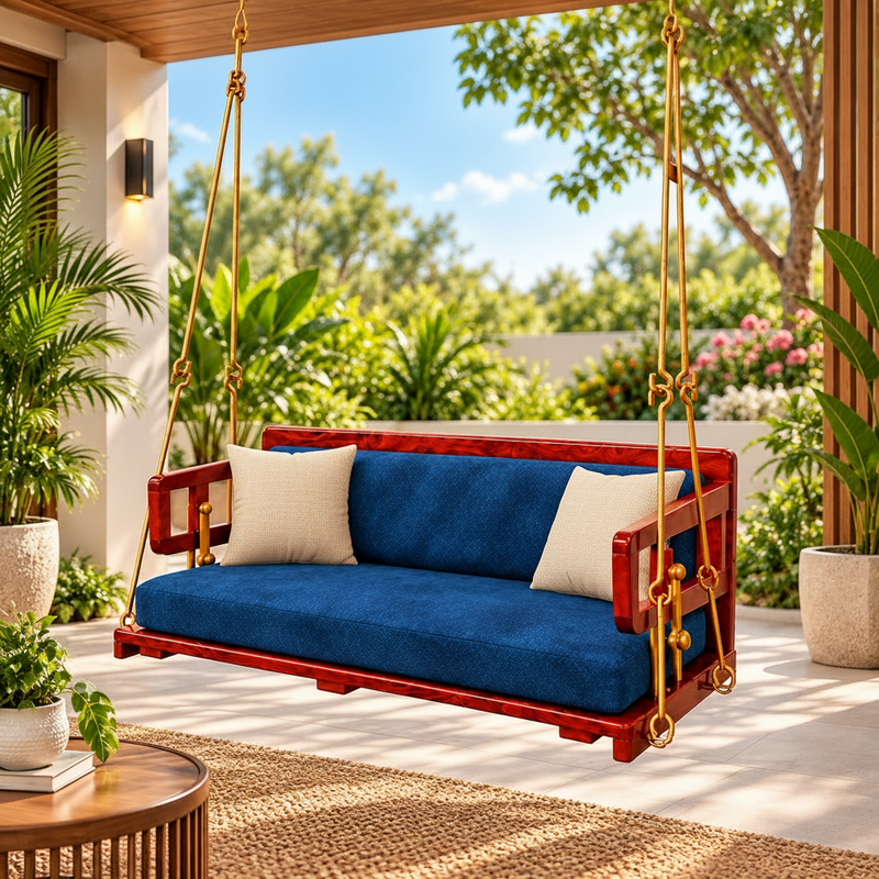 Wooden Platform Reversible Swing (Jhula) with Cushions and Chains 