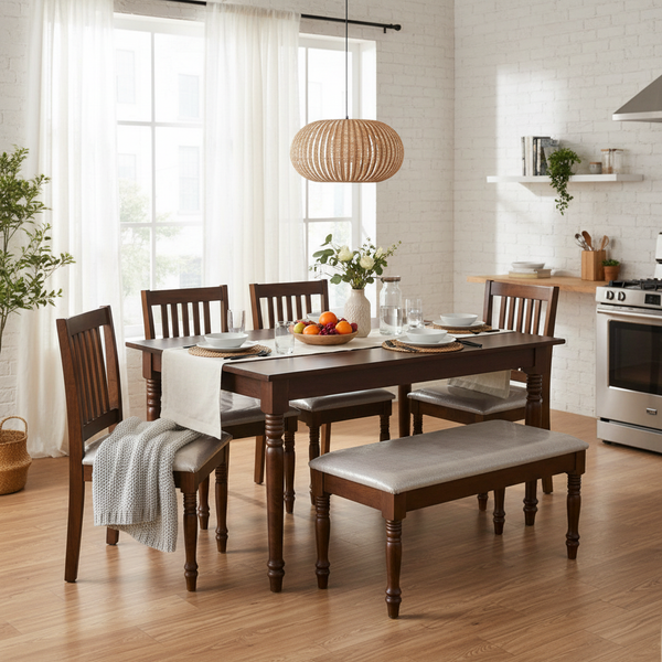 Solid Mango Wood 6 Seater Dining Table Set with 4 Cushioned Chairs and 1 Bench | Warm Brown Finish 