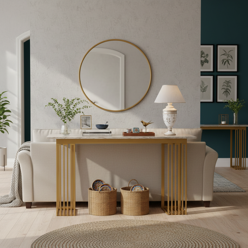 Modern Console Table with White Ceramic Marble Top, Gold Metal Frame & Open Storage Shelves, Narrow Entryway Table for Hallway, Foyer and Living Room 