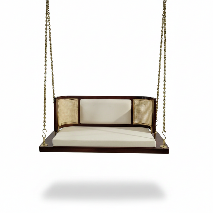 Translation missing: en.Solid Wood Swing with Cane Panel Backrest, Reversible &amp; Cushioned Jhula for Living Room, Balcony, Brass Chains, Cream Sheesham/ Provisional Teak Finish  swing