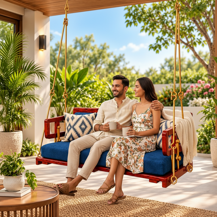 Translation missing: en.Wooden Platform Reversible Swing (Jhula) with Cushions and Chains 