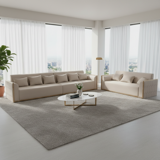Translation missing: en.Elegant Beige Fabric 6+3 Seater Sofa Set with Wooden Accents 